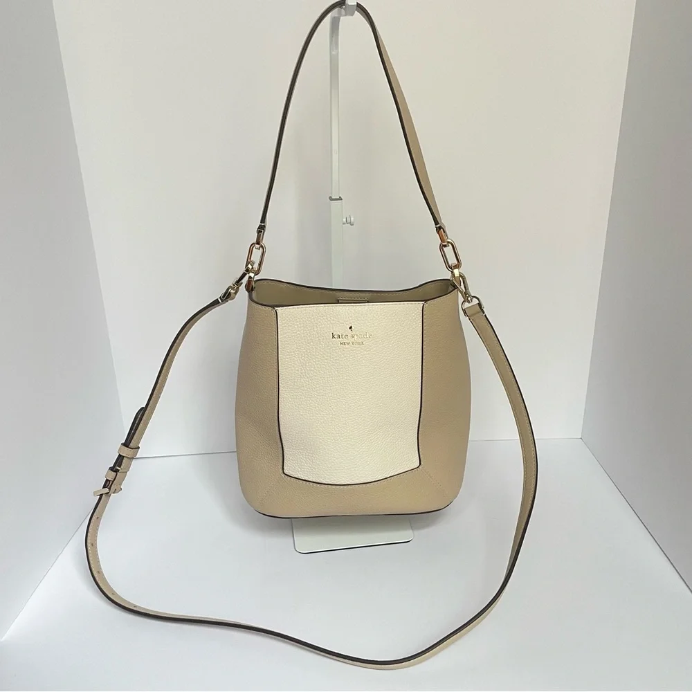 Kate Spade New York Lena Tan White Leather Colorblock Bucket Bag - Picture 3 of 13